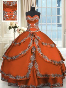 Captivating Floor Length Rust Red Ball Gown Prom Dress Taffeta Sleeveless Beading and Embroidery and Ruffled Layers