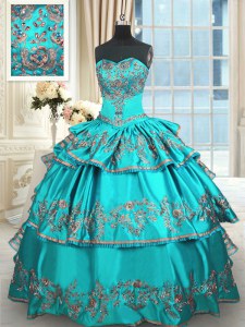 High End Aqua Blue Taffeta Lace Up Sweetheart Sleeveless Floor Length Quinceanera Dresses Embroidery and Ruffled Layers