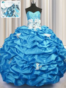 Latest Aqua Blue Taffeta Lace Up Ball Gown Prom Dress Sleeveless With Brush Train Appliques and Sequins and Pick Ups