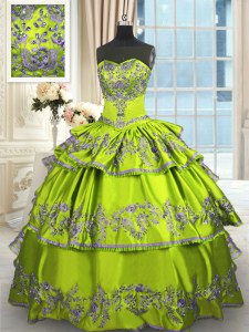 Yellow Green Sleeveless Floor Length Embroidery and Ruffled Layers Lace Up Quinceanera Dresses