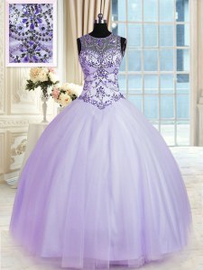 Superior Ball Gowns Quinceanera Dress Lavender Scoop Tulle Sleeveless Floor Length Lace Up