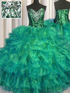 Dazzling Turquoise Lace Up Quinceanera Gowns Beading and Ruffles Sleeveless Floor Length