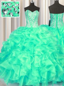 Beautiful Turquoise Sweetheart Neckline Beading and Ruffles Quinceanera Dress Sleeveless Lace Up