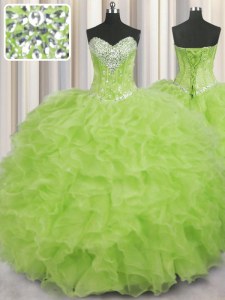 Charming Ball Gowns Sweet 16 Dress Yellow Green Sweetheart Organza Sleeveless Floor Length Lace Up