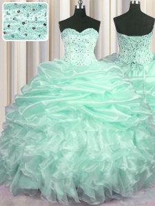 Sleeveless Organza With Train Sweep Train Lace Up Quinceanera Gowns in Apple Green with Beading and Ruffles and Pick Ups