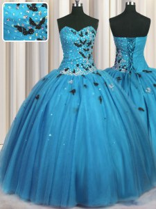 High End Baby Blue Lace Up Quinceanera Dress Beading and Appliques Sleeveless Floor Length