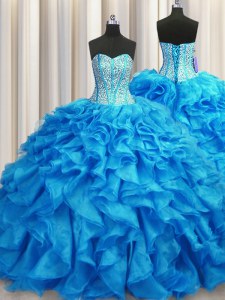 Visible Boning Baby Blue Ball Gowns Sweetheart Sleeveless Organza Brush Train Lace Up Beading and Ruffles Sweet 16 Dress