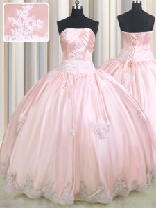 Delicate Baby Pink Ball Gowns Strapless Sleeveless Taffeta Floor Length Lace Up Beading and Appliques Quinceanera Dress