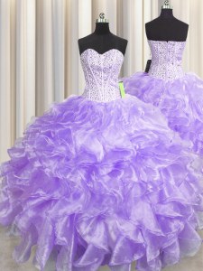 Pretty Visible Boning Zipper Up Lavender Zipper 15 Quinceanera Dress Beading and Ruffles Sleeveless Floor Length
