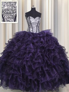 Sequins Visible Boning Floor Length Ball Gowns Sleeveless Purple Sweet 16 Dress Lace Up
