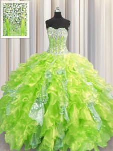Decent Visible Boning Sweetheart Sleeveless Sweet 16 Dresses Floor Length Beading and Ruffles and Sequins Yellow Green Organza and Sequined