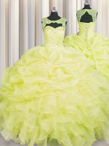 High Class Yellow Ball Gowns Organza Scoop Sleeveless Beading and Pick Ups Floor Length Lace Up Ball Gown Prom Dress