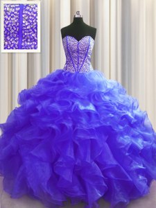 Glamorous Visible Boning Purple Sweetheart Neckline Beading and Ruffles Sweet 16 Dresses Sleeveless Lace Up