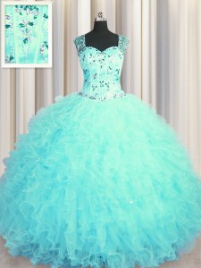 See Through Zipper Up Aqua Blue Sleeveless Tulle Zipper Ball Gown Prom Dress for Military Ball and Sweet 16 and Quinceanera