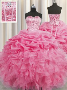 Stylish Pick Ups Visible Boning Floor Length Ball Gowns Sleeveless Rose Pink Sweet 16 Dress Lace Up