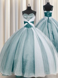 New Arrival Spaghetti Straps Beading and Ruching Quinceanera Dresses Teal Lace Up Half Sleeves Floor Length