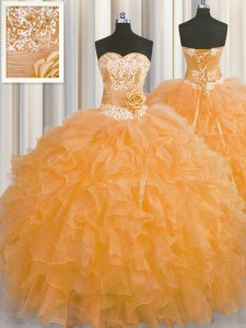 Attractive Handcrafted Flower Sweetheart Sleeveless Organza Ball Gown Prom Dress Beading and Ruffles and Hand Made Flower Lace Up