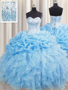 Discount Visible Boning Baby Blue Ball Gowns Organza Sweetheart Sleeveless Beading and Ruffles and Pick Ups Floor Length Lace Up Sweet 16 Dress