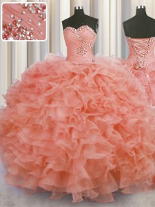 Superior Watermelon Red Lace Up Quinceanera Gowns Beading and Ruffles Sleeveless Floor Length