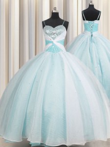 Cheap Spaghetti Straps Organza Sleeveless Floor Length Quinceanera Gowns and Beading and Ruching