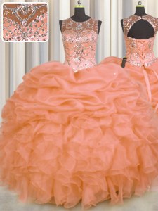 See Through Organza Sleeveless Floor Length Quinceanera Dresses and Beading and Ruffles and Pick Ups