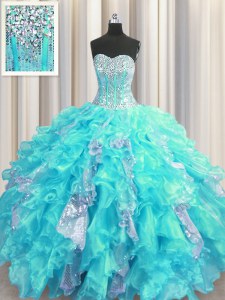 Visible Boning Aqua Blue Lace Up Quince Ball Gowns Beading and Ruffles and Sequins Sleeveless Floor Length
