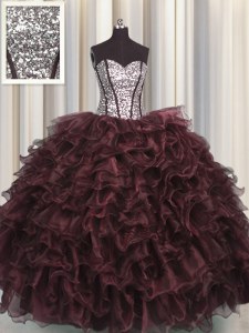 Sequins Visible Boning Brown Sleeveless Organza and Sequined Lace Up Quinceanera Dress for Military Ball and Sweet 16 and Quinceanera