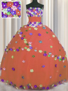 Fitting Strapless Sleeveless Sweet 16 Dresses Floor Length Hand Made Flower Rust Red Tulle