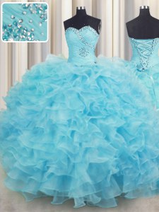 Aqua Blue Sweetheart Neckline Beading and Ruffles Quinceanera Dress Sleeveless Lace Up
