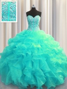 Visible Boning Aqua Blue Ball Gowns Sweetheart Sleeveless Organza Floor Length Lace Up Beading and Ruffles Sweet 16 Dresses