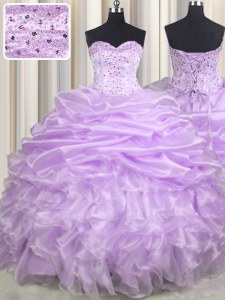 Lavender Organza Lace Up Quinceanera Gowns Sleeveless With Brush Train Beading and Ruffles and Pick Ups