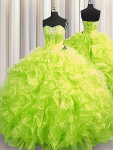 Yellow Green Organza Lace Up Sweetheart Long Sleeves Sweet 16 Dresses Brush Train Beading and Ruffles