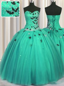 Turquoise Sleeveless Floor Length Beading and Appliques Lace Up Quinceanera Gowns