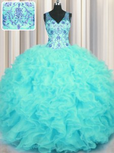Custom Fit V Neck Aqua Blue Sleeveless Organza Zipper 15th Birthday Dress for Military Ball and Sweet 16 and Quinceanera
