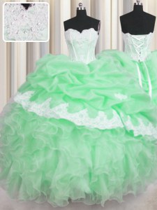 Beading and Appliques and Ruffles and Pick Ups Sweet 16 Dress Green Lace Up Sleeveless Floor Length