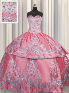 Fancy Floor Length Lace Up 15 Quinceanera Dress Rose Pink for Military Ball and Sweet 16 and Quinceanera with Beading and Embroidery