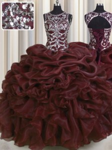 See Through Burgundy Ball Gown Prom Dress Military Ball and Sweet 16 and Quinceanera and For with Beading and Pick Ups Scoop Sleeveless Lace Up
