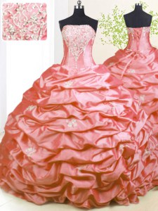 Excellent Sweep Train Pink Strapless Neckline Beading and Pick Ups Quinceanera Gowns Sleeveless Lace Up