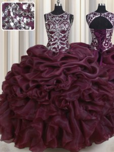 Lovely Scoop See Through Burgundy Sleeveless Floor Length Beading and Pick Ups Lace Up Ball Gown Prom Dress