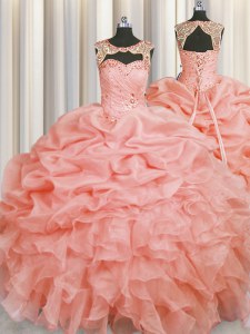 Luxurious Scoop Sleeveless Sweet 16 Dresses Floor Length Beading and Pick Ups Baby Pink Organza