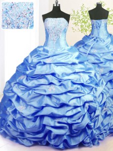 Sweep Train Baby Blue Ball Gowns Beading and Pick Ups Ball Gown Prom Dress Lace Up Taffeta Sleeveless With Train