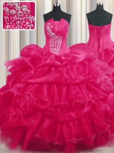Smart Sleeveless Organza Floor Length Lace Up Sweet 16 Dress in Hot Pink with Beading and Ruffled Layers and Pick Ups