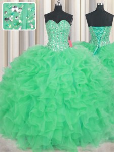 Elegant Visible Boning Green Ball Gowns Beading and Ruffles Sweet 16 Dresses Lace Up Organza Sleeveless Floor Length
