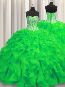 Charming Visible Boning Green Ball Gowns Beading and Ruffles Sweet 16 Dresses Lace Up Organza Sleeveless