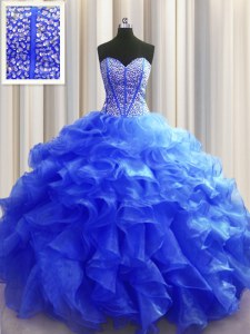 Exceptional Visible Boning Beading and Ruffles Ball Gown Prom Dress Royal Blue Lace Up Sleeveless Floor Length