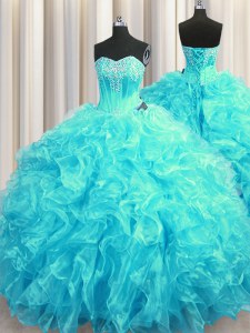 Fashion Aqua Blue Sleeveless Beading and Ruffles Lace Up Quinceanera Gown
