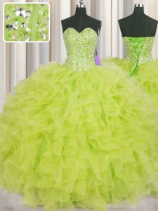 Excellent Visible Boning Yellow Green Sweetheart Lace Up Beading and Ruffles Sweet 16 Dresses Sleeveless