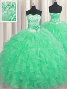 Handcrafted Flower Apple Green Ball Gowns Beading and Ruffles and Hand Made Flower Quinceanera Dresses Lace Up Organza Sleeveless Floor Length