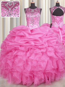 Scoop See Through Rose Pink Sleeveless Beading and Ruffles and Pick Ups Floor Length Ball Gown Prom Dress