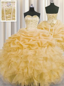 Visible Boning Gold Quince Ball Gowns Military Ball and Sweet 16 and Quinceanera and For with Beading and Ruffles and Pick Ups Sweetheart Sleeveless Lace Up